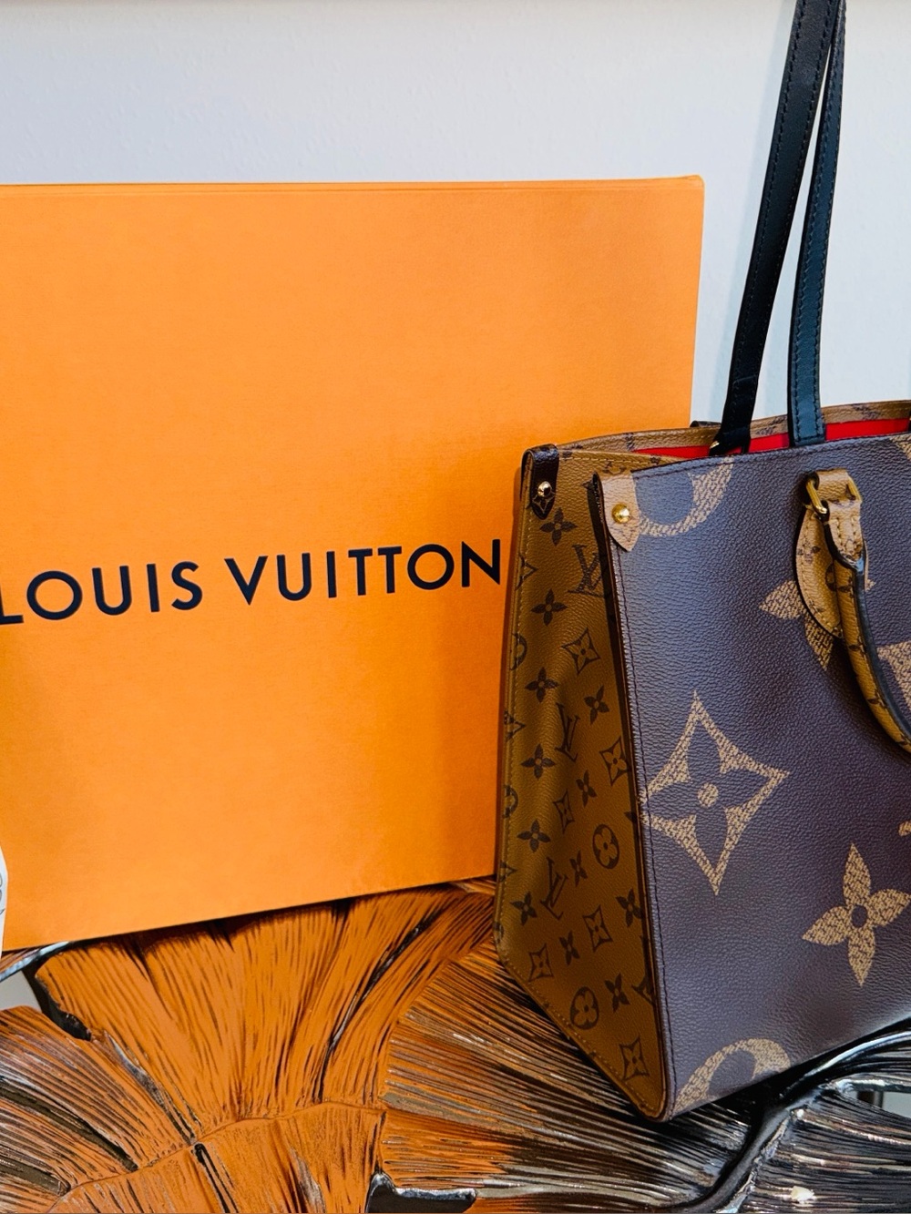 Louis Vuitton Monogram Tote with Black Straps and Red Interior